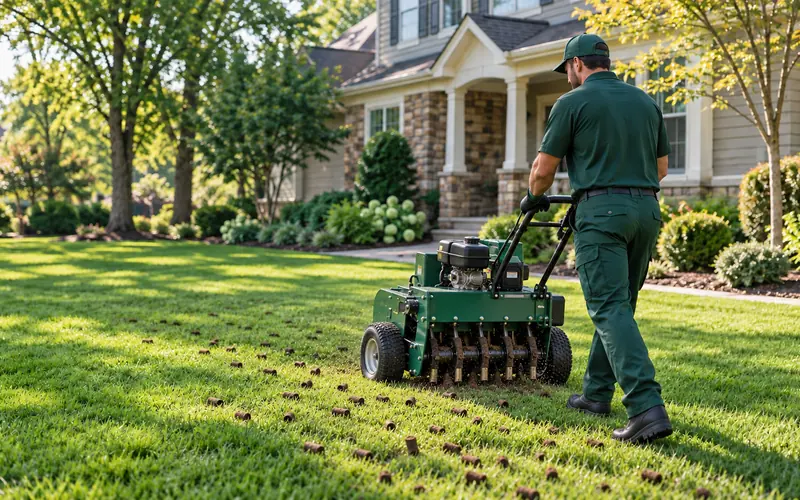Core aeration on a residential lawn