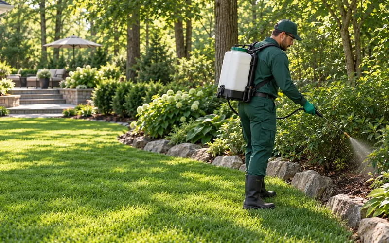 Technician applying a seasonal barrier treatment along a landscaped bed edge